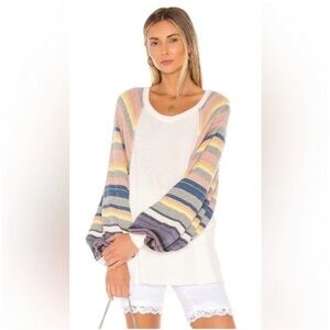 Free People White Scoop-Neck Sweater with Pastel Striped Balloon Sleeves